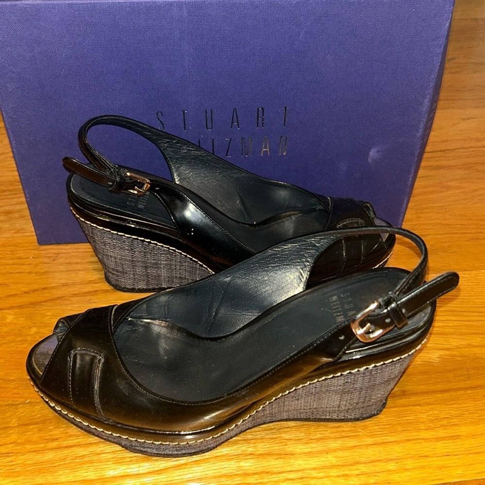 Stuart Weitzman Black Patent Capexcise Wedge in 7